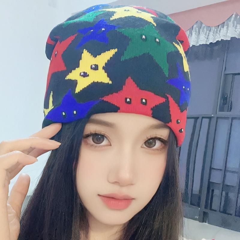 

Fashion Autumn Winter Men Women Colorful Five Ointed Star Jacquard Knitted Hats Super Elastic Warm Caps 1pc