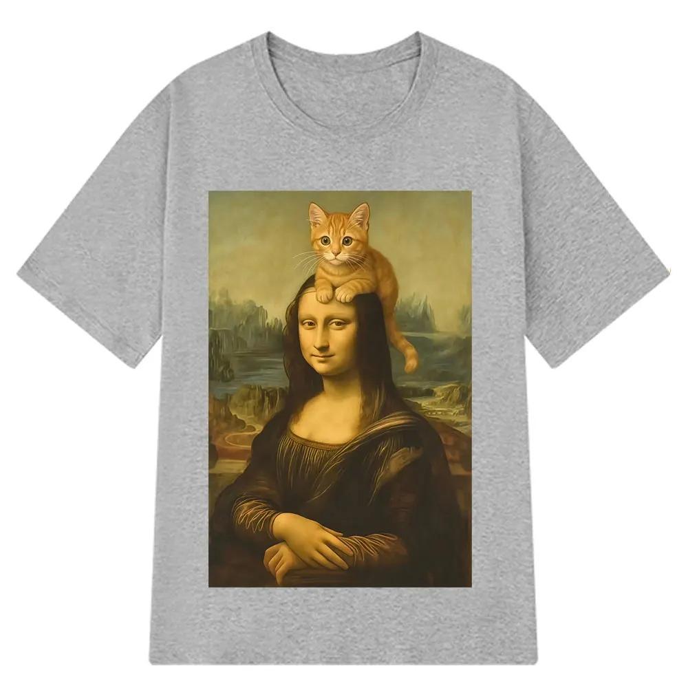 Cat Ahd Mona Lisa with Cat Funny Meme Print T Shirt Women Shortsleeved Harajuku Casual Tshirts Streetwear Tees Casual Clothes