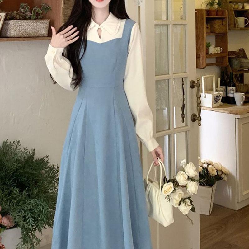 

Платья из плотного лоскутного материала с квадратным вырезом, длинными рукавами и эффектом двух частей, элегантная мода Харадзюку, женская одежда, повседневная юбка на все случаи жизни M синий