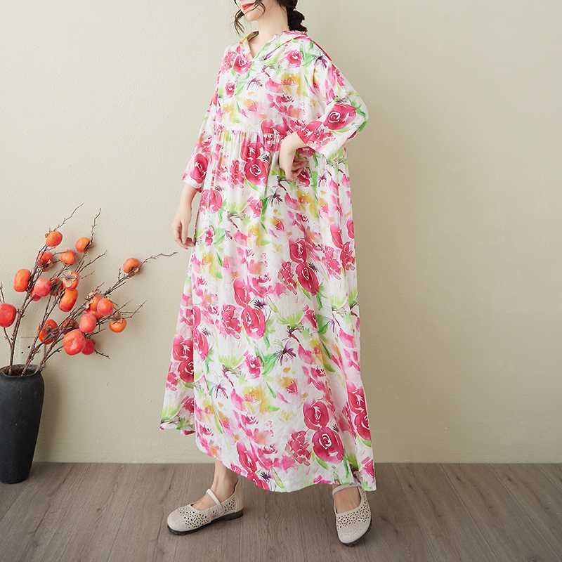 Ladies' Retro Gentle Wind and Cloud Brocade Cotton and Hemp Hooded Dress