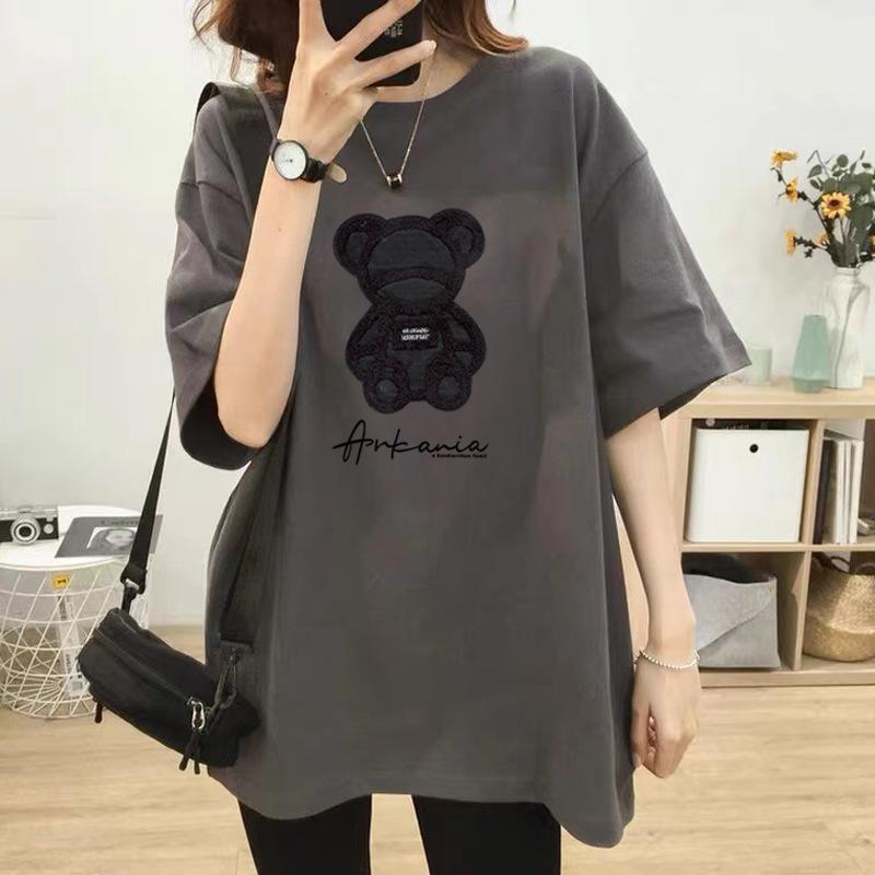 

Серая футболка с коротким рукавом женская лето 2025 новая большая версия свободная медведь средней длины футболка топ ins тренд S