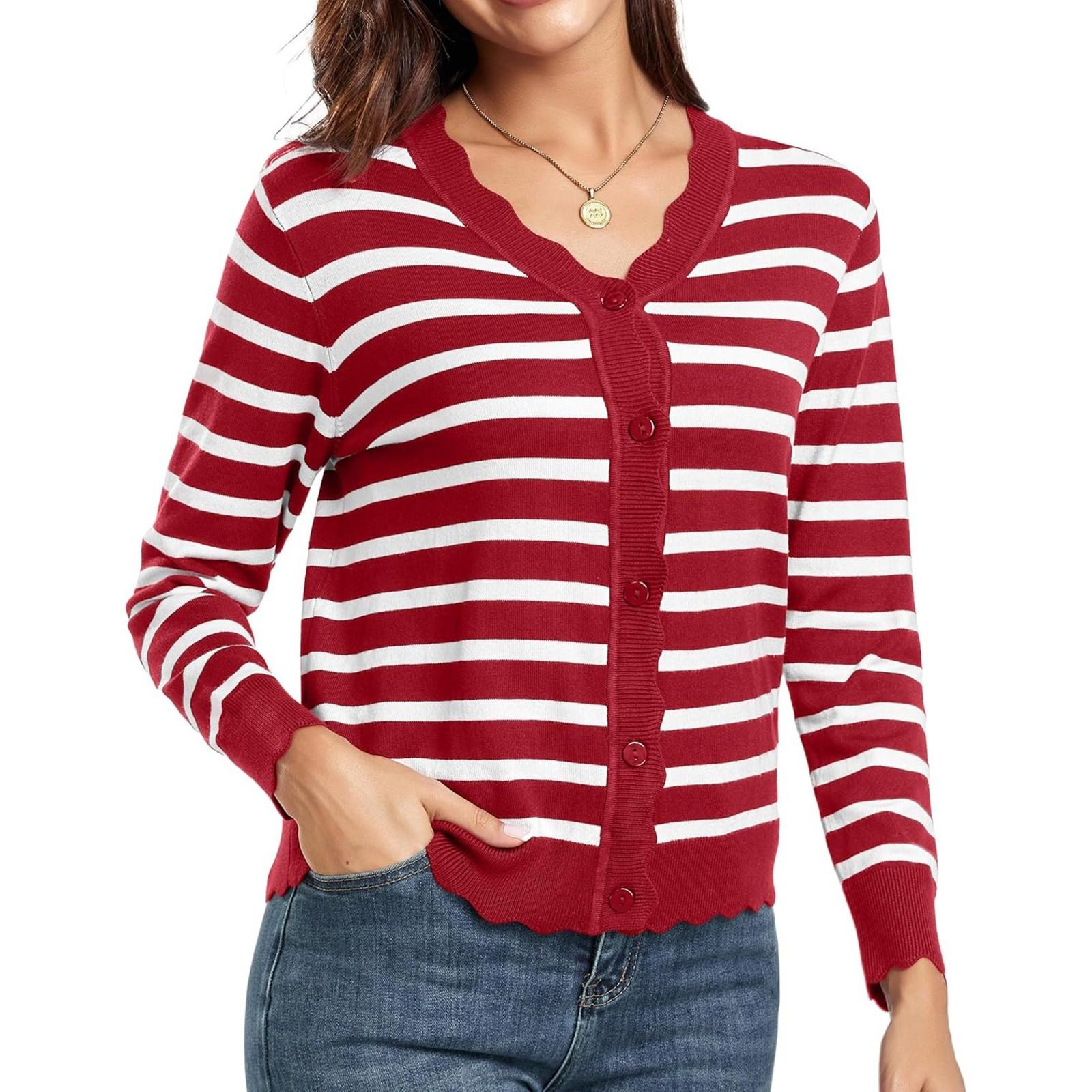 

Women s Fashion Wooden Ear Trim V-Neck Thin Knitted Cardigan Button Stripe Top S червоний