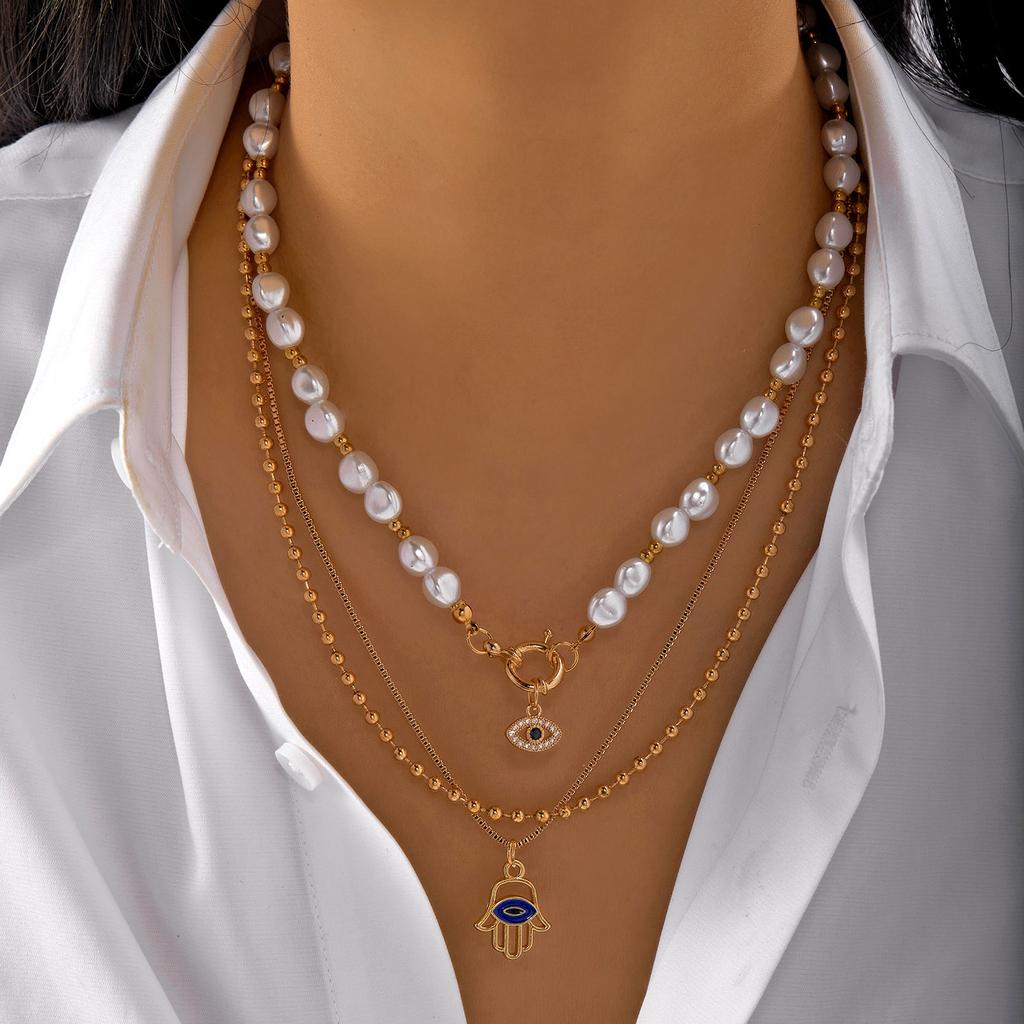 Kadınlar İçin Klasik Kolye Ucu Mikro Zirkon Türk Şanslı Nazar Avuç İçi Haç İnci Çok Katmanlı Metal Zincir Choker Takı