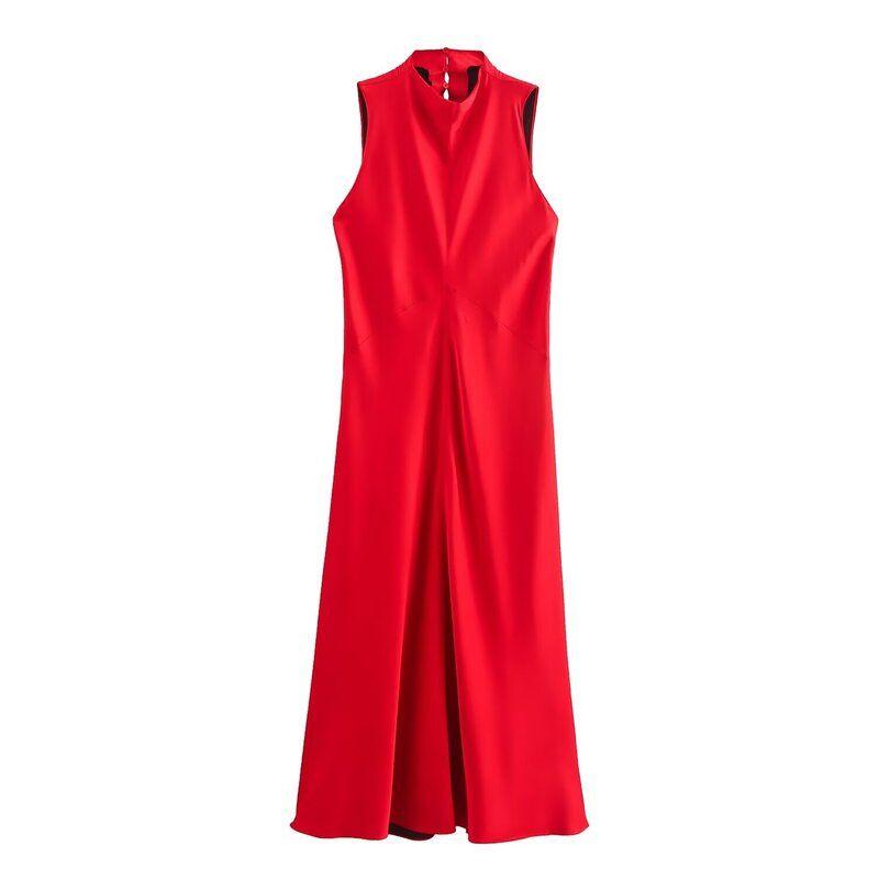 Western Style 2024 Autumn and Winter New Women clothes Elegant Silk Satin Texture Sleeveless round Neck Dress 9165965