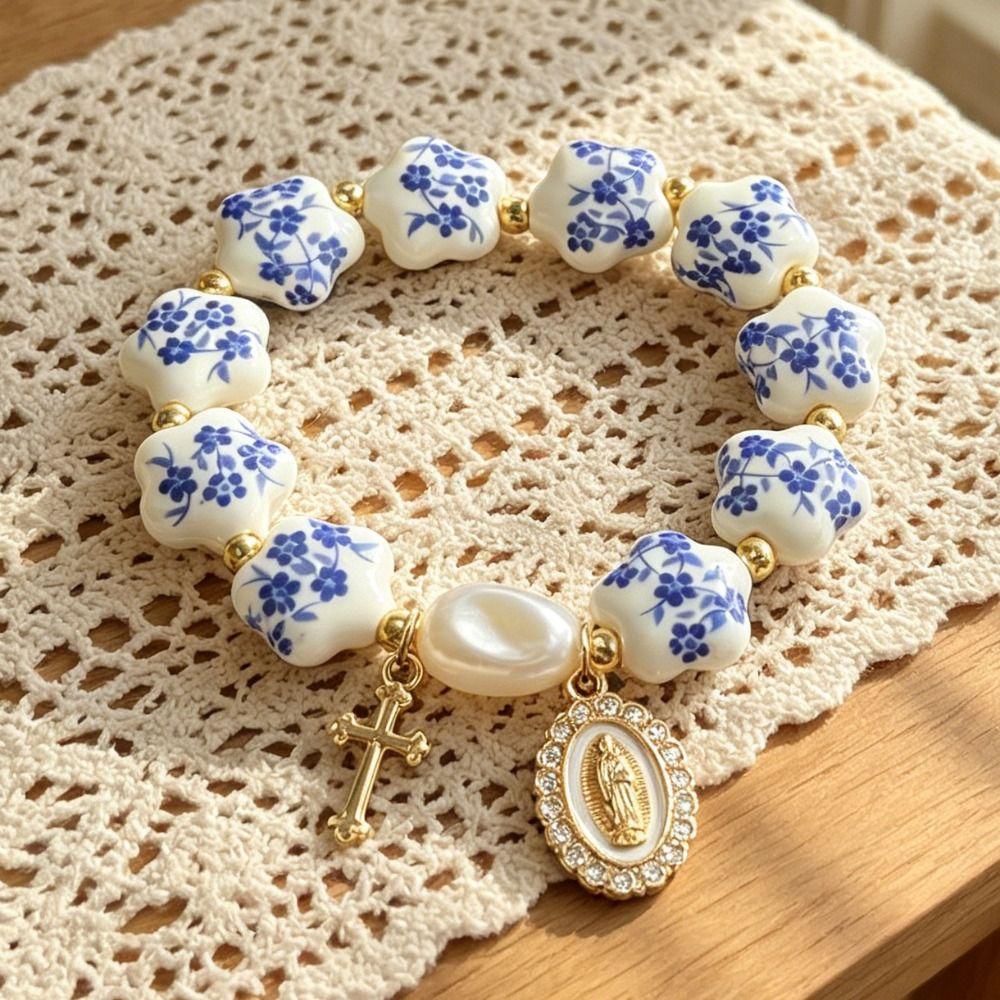 New Chinese Style Blue and White Porcelain Bracelet Metal Beaded Colorful Ceramics Bracelet Floral Elastic Rope