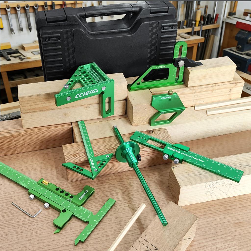Multi-Function 9-Piece Green Woodworking Tool Kit – Aluminum Alloy Ruler, Tri-Square, Height Gauge,Precision Caliper Set for DIY