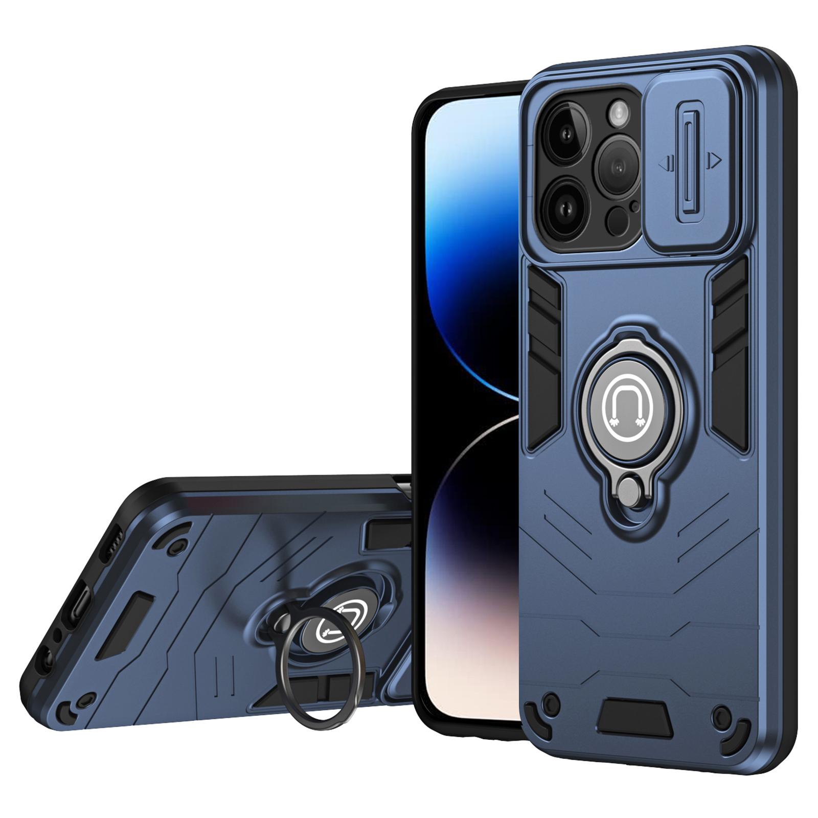 

For iPhone 14 Pro Max Case Kickstand PC+TPU Hybrid Phone Cover with Slide Lens Shield Blue