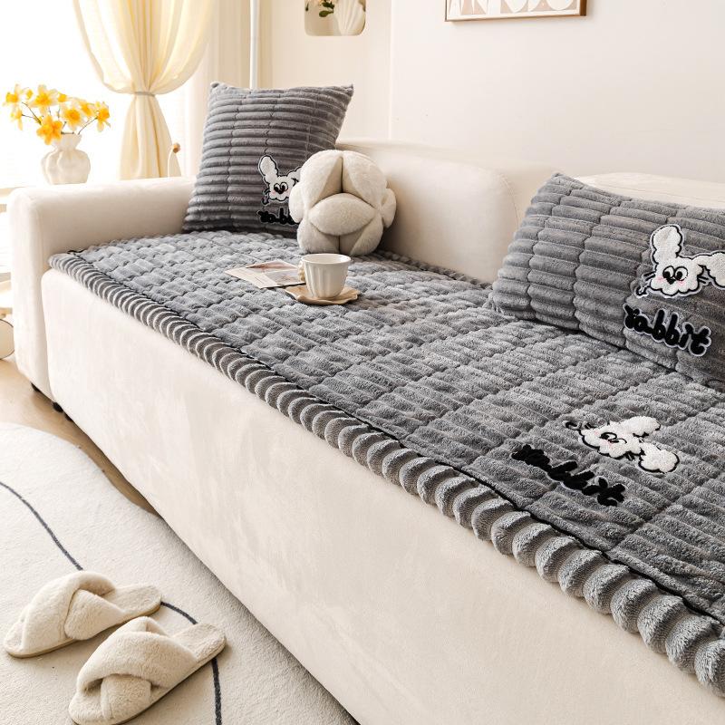 New Thickened Warm Sofa Cover Cloth Fixed Anti Slip Straight Row Sofa Cushion Cover For Autumn And Winter Season Cream Style