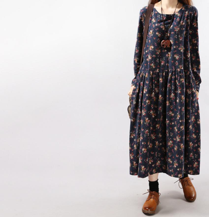 Fashion Women's Casual V-Neck Printed Long Sleeve High Waist Printed Dress