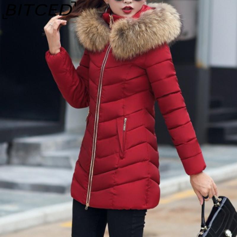 BITCED Winter Coat for Women - Mid-Length Slim-Fit Cotton Jacket with Large Fur Collar and Down-Filled Quilted Design