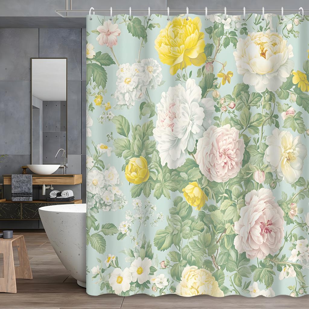 Watercolor Peony Curtain - Vintage Spring Theme, Waterproof, Hooks Included, Bath Decor