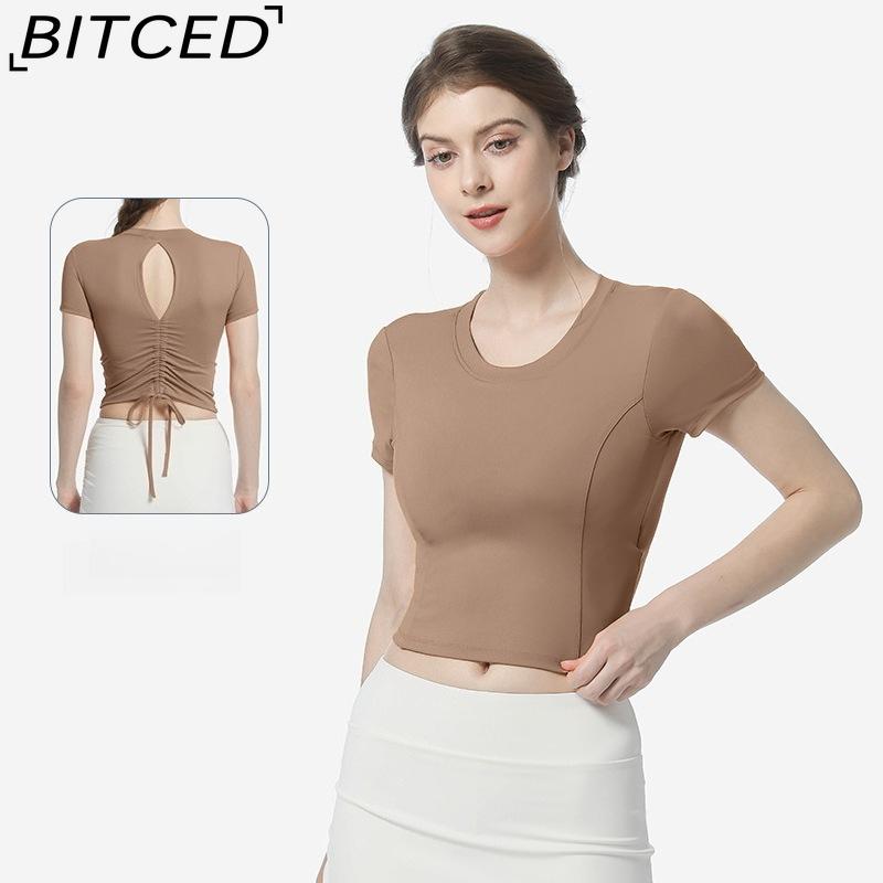 

BITCED Open-Back Yoga Top for Women Short-Sleeved Fashionable Drawstring Tucked-Hem with Padded Cup One-Piece Fitness Sports T-Shirt XXL какао