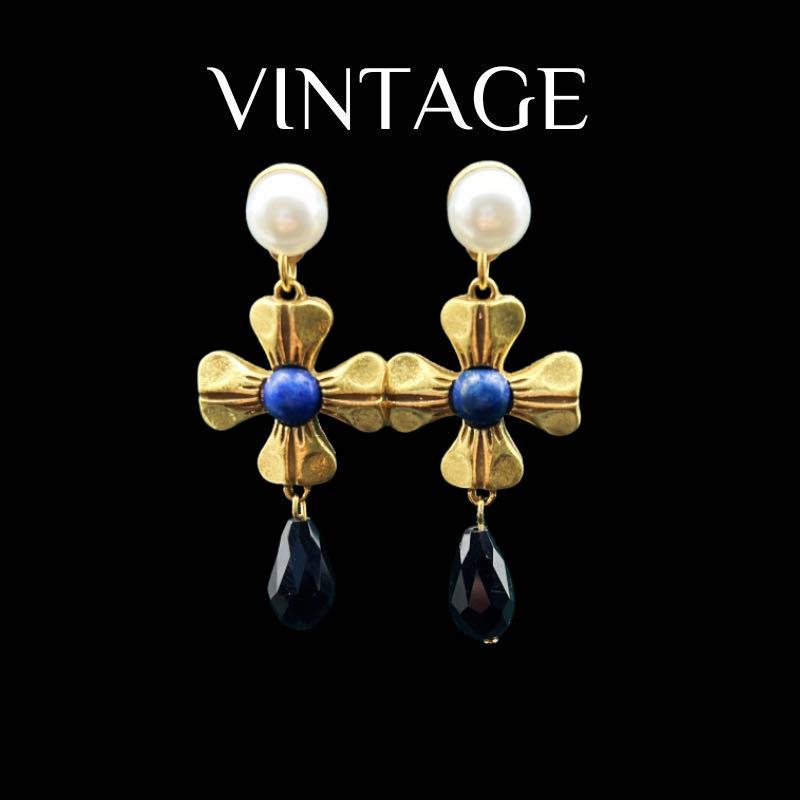 

Vintage Gold Lapis Lazuli Inlaid With Four Leaf Clover Temperament Niche Pearl Necklace Earring Set