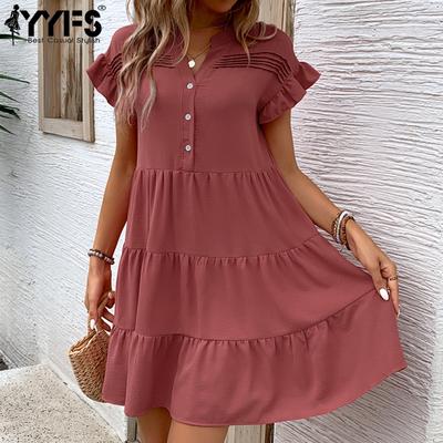 Women's Fashion Summer Spring Solid Color Print Short Sleeve V-Neck Loose Waistline Casual Dresses