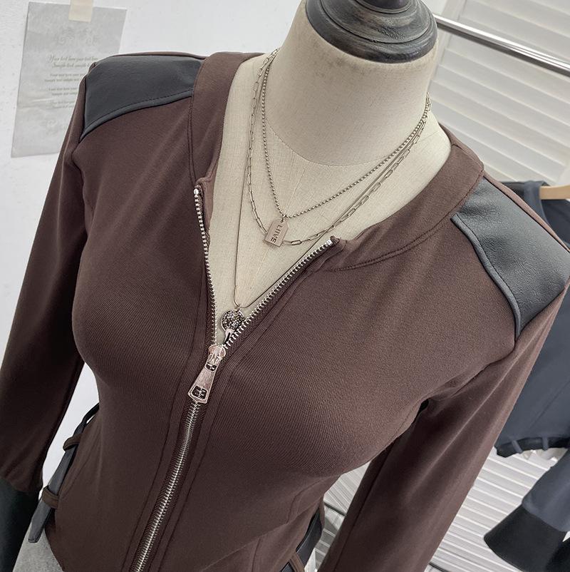 Herbst PU-Leder Patchwork Langarm Reißverschluss Strickjacke Fleece Oberteil 2797