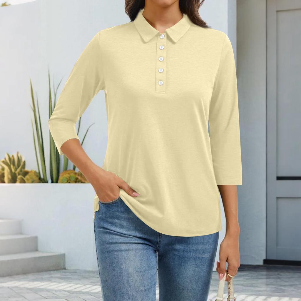 Women's Fashion Casual Lapel Short 3/4 Sleeve Solid Color Shirt Women's Button Up Tops