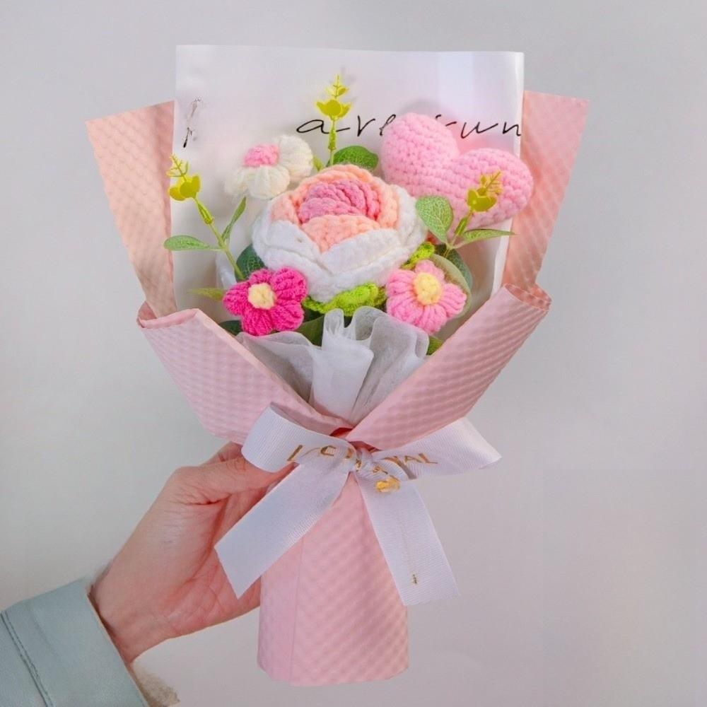 New Handmade Crochet Flower Bouquet Eternal Bag Knitted Rose Bouquet Unique Heart-Shaped Bouquet Valentine’s Day Gift