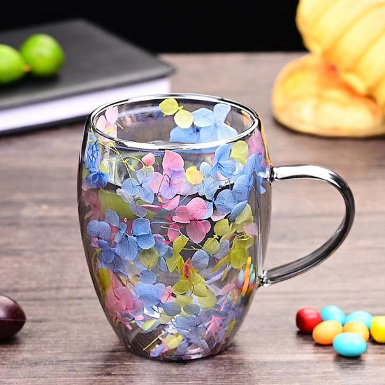 Double Wall Glass Coffee Mug with Handle High Borosilicate Heat Resistant Cup Colorful Petal Design Hot