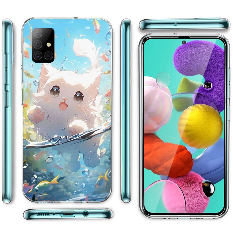 Cartoon Cute Cat Fish Aesthetic Cover Phone Case For Samsung Galaxy A12 A22 A32 A52 A72 A02S Phone Case Note 20 Ultra 10 S10 Plu