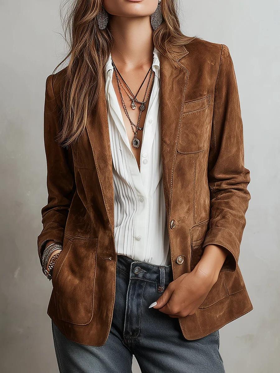 Женская Куртка Элегантная Винтажная Замшевая Бархатная Однобортное Пальто XS темно-коричневого