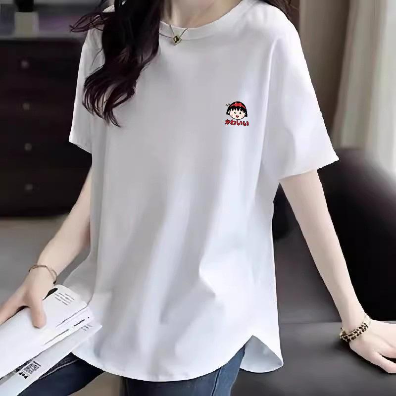 Women's 2025 Summer Cartoon Print White Cotton T-Shirt, Mid-Length, Short Sleeve, Loose Fit