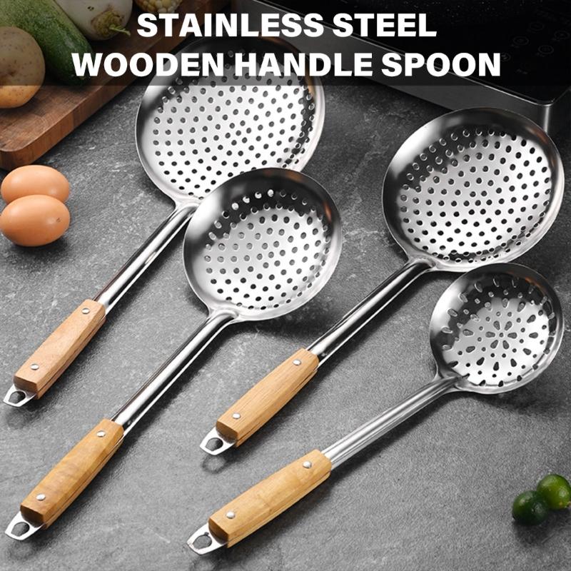 201Stainless Steel Strainer Ladle Large Mesh Skimmer with Wood Handle Oil Skimmer Spoon Suitable for Kitchen Use