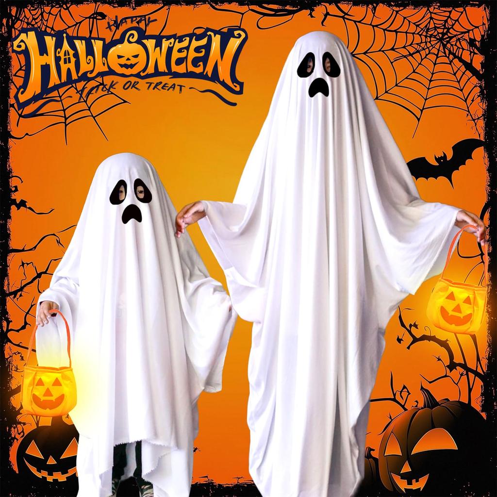 Buoniganuo Halloween Cosplay Kids Ghost Cape Costume Tattoo and Pumpkin Tote and Vampire Costumes for School Club and Family Adults and Girls and Size