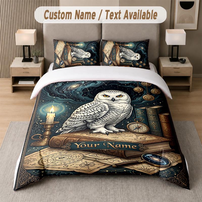 Owl Birds Theme Custom Text Or Name 3Pcs Bedding Set 1 Flat Sheet & 2 Pillowcases Personalized Home Bedding