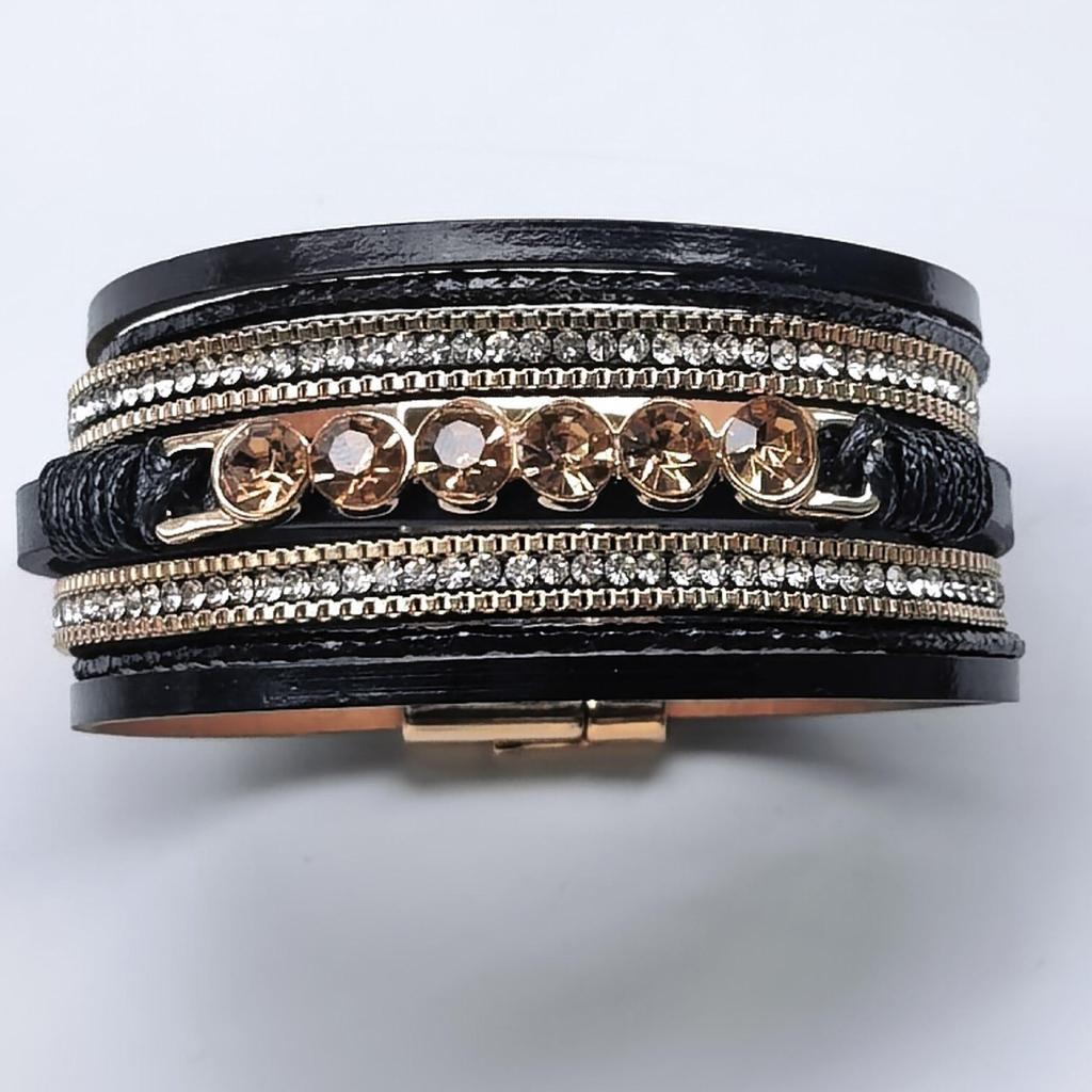 Bohemian Multilayer Geometric Leather Bracelet with Wide Edge and Magnetic Buckle - Ethnic Style Rhinestone Hand Jewelry