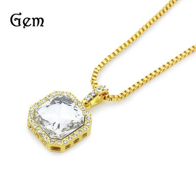 Alloy Necklace Hiphop Hip Hop Square Diamond Ruby Men's European and American Necklace Supply Hot Sale Jewelry