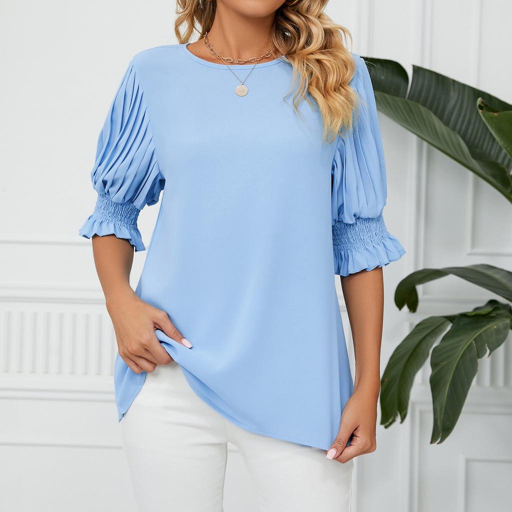 Women's Chiffon Tops Fashion Solid Color Round Neck Ruffle Princess Sleeve Loose T-Shirt