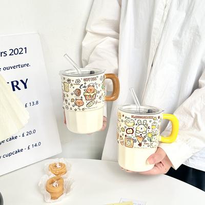 Strohbecher mit Deckel hochwertiger Keramikbecher süßer Wasserbecher Ins-Mädchen Kaffee-Milchbecher Saftbecher