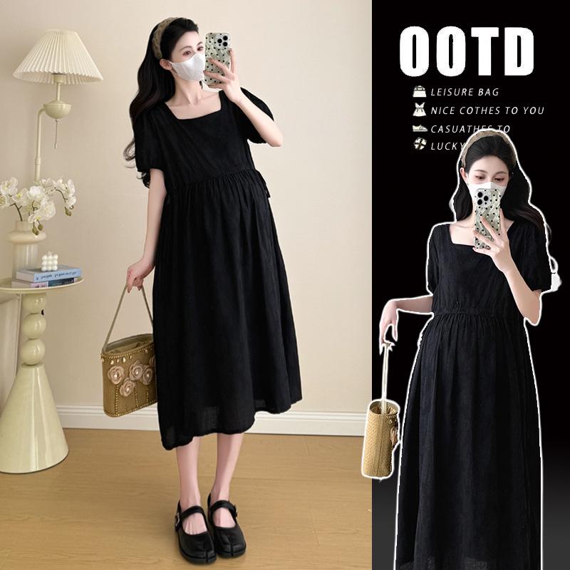 Maternity Black Jacquard A-line Summer Dress with Square Neck - 2026 Style XL