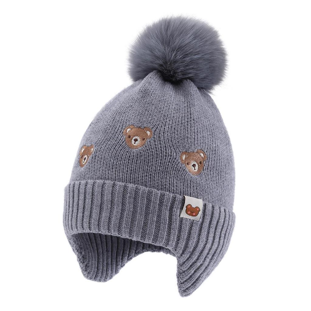 Children's Pompon Pullover Hat with Ear Protection - Embroidered Bear, Fleece-Lined for Autumn and Winter