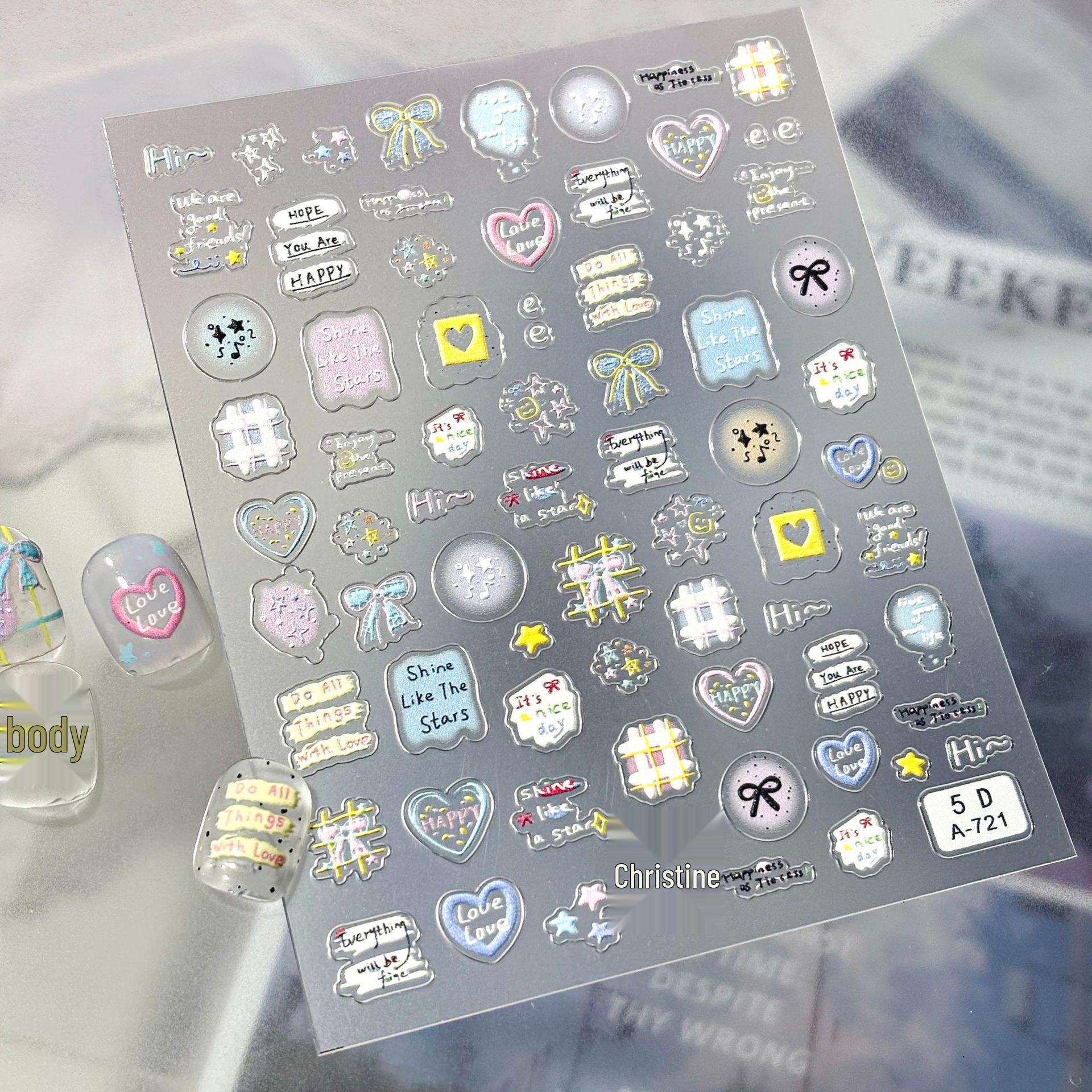 5D Embossed Cartoon & Puppy Nail Art Stickers - 3D Graffiti Grid Design