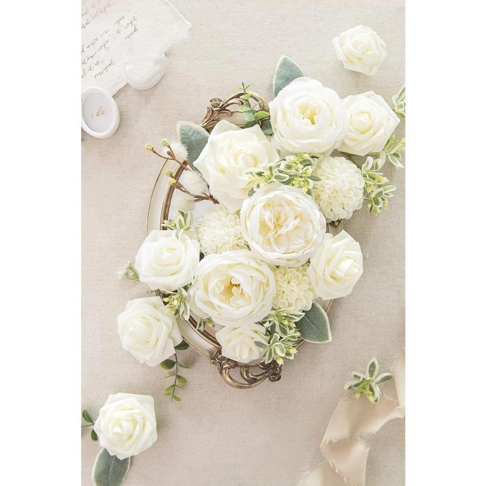 Dahlia Artificial Flowers 25 Pcs White Flowers, Fake Flowers w/Stem for DIY Wedding Decor Centerpieces Arrangements Bouquets
