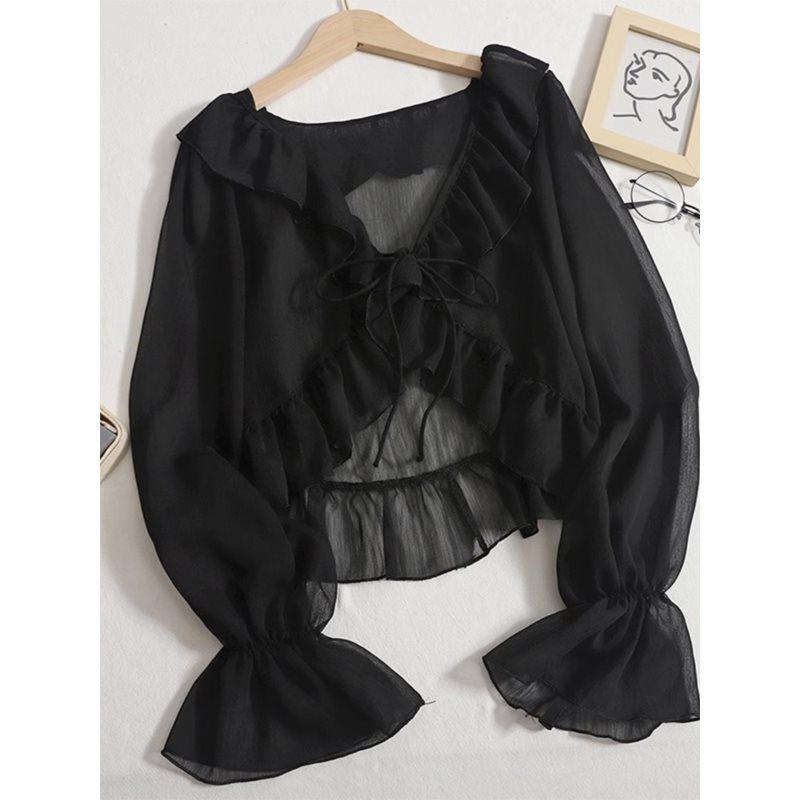 

Ruffle Chiffon Sun Protection Cardigan: Lightweight Women s Summer Shawl, Perfect Over Camisole or Dress, Ice Silk Bolero Cover-up. M чорний