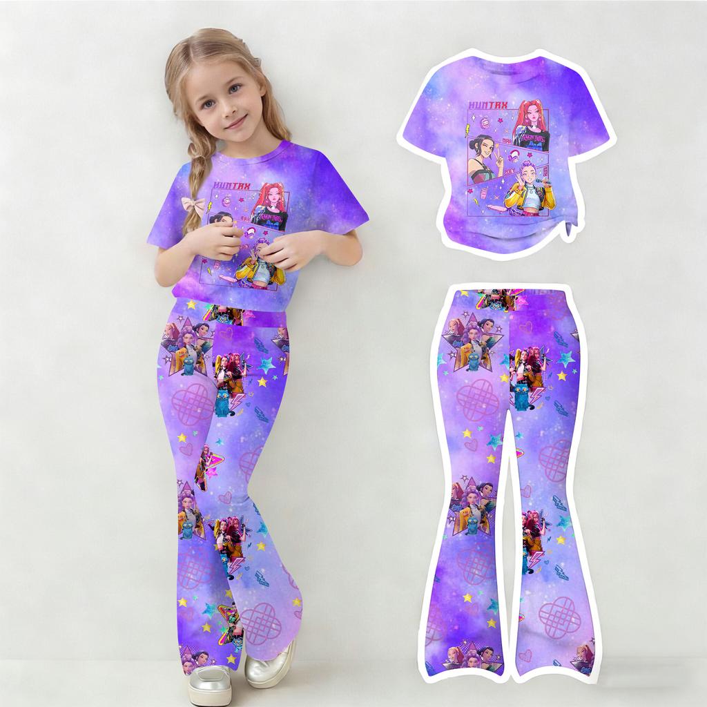 Children's Summer Sports T-Shirt And Bell-Bottom Pants Two-Piece Athletic Set Short Printed Clothing Set