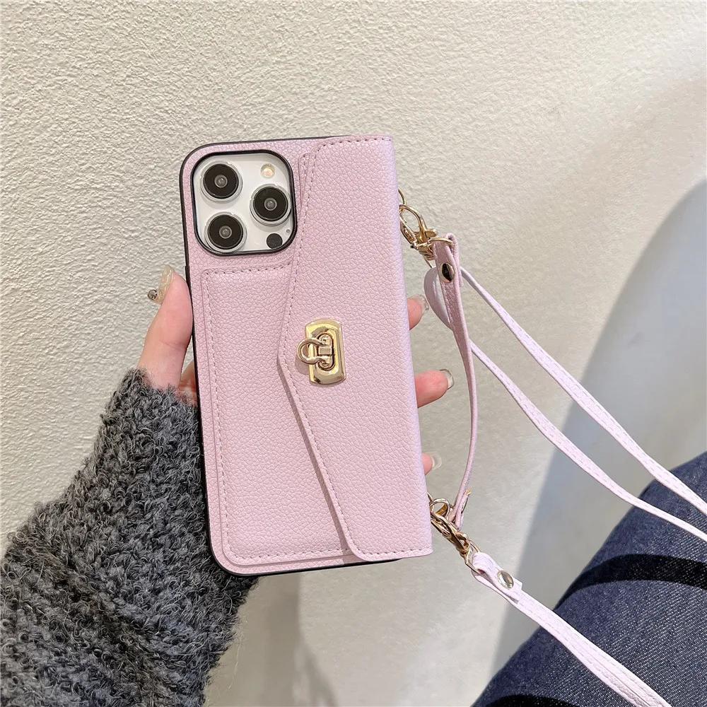 Kožená Luxusní Peněženka Crossbody Pouzdro na Telefon pro IPhone 16 15 14 Plus 11 12 13 Pro Max Přihrádka na Karty Držák Stojánek Dlouhý Lanyard Kryt