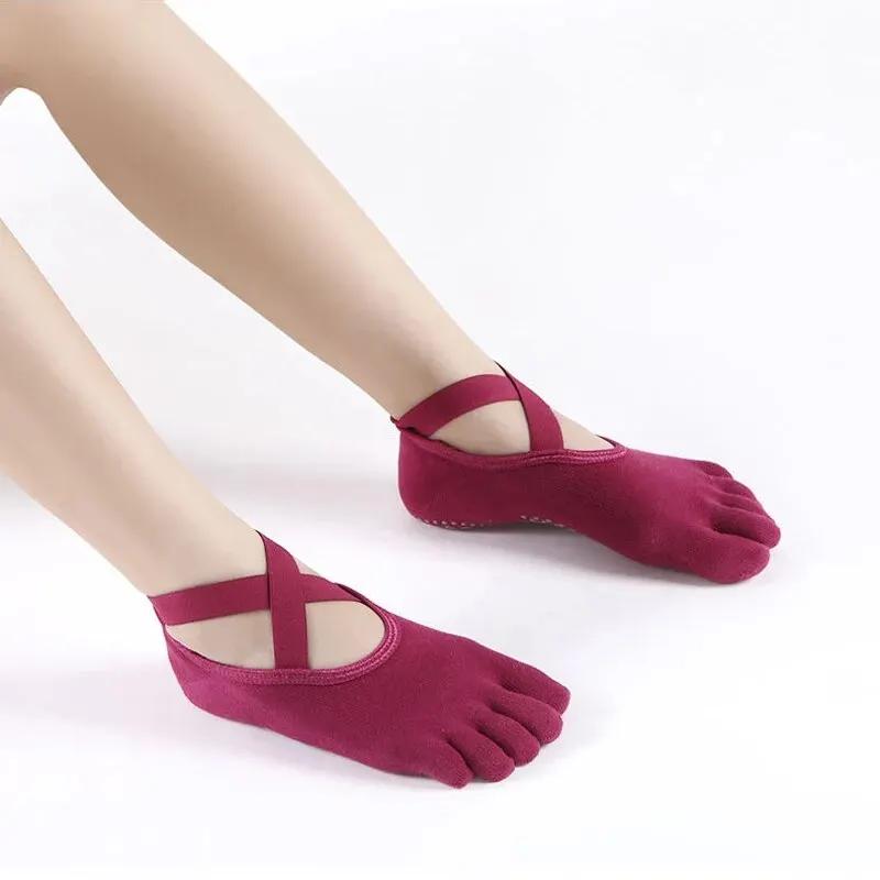 Women Breathable Yoga Socks Five Toe Silicone Non-Slip Bandage Pilates Socks Ladies Ballet Dance Fitness Workout Cotton Socks