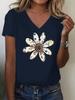 Women's V-Neck T-Shirt Flowers Print Tees Summer Short Sleeve Top Casual Trendy Female Clothing Graphic T-Shirts Clothes Women