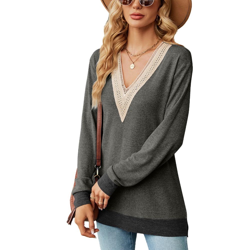 Women's Long Sleeve T-Shirt Fall/Winter Sweatshirt Women's Lace V-Neck Color-Blocked Split Hem Loose Top