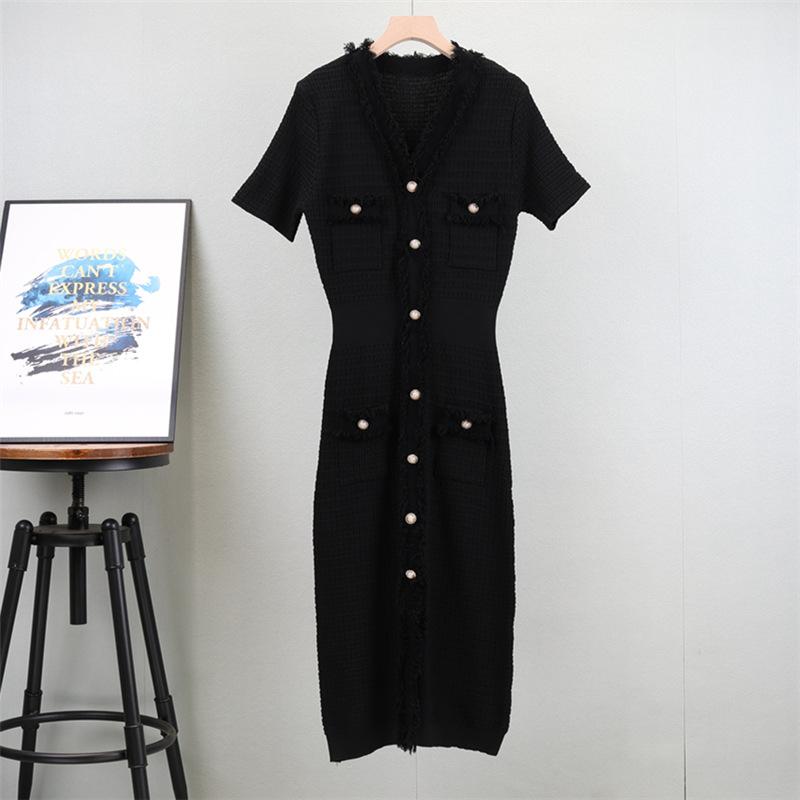 Gentle Wind Fringe Knit Short-sleeved Dress Women's Plus Size V-neck Pure Colour Temperament Mid-length Dress