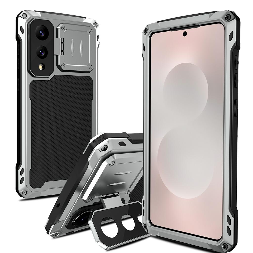 Samsung Galaxy S25 Edge Tok Alumínium Ötvözet+Szilikon Lencse Kitámasztó Telefontok Edzett Üveg Fóliával