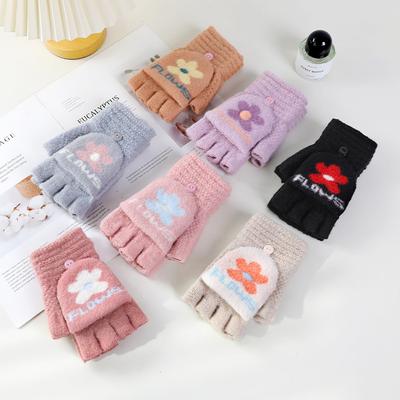 Love Half Finger Flip Gloves Winter Ladies Cute Cold and Warm Wool Bare Finger Half Student Writing AY