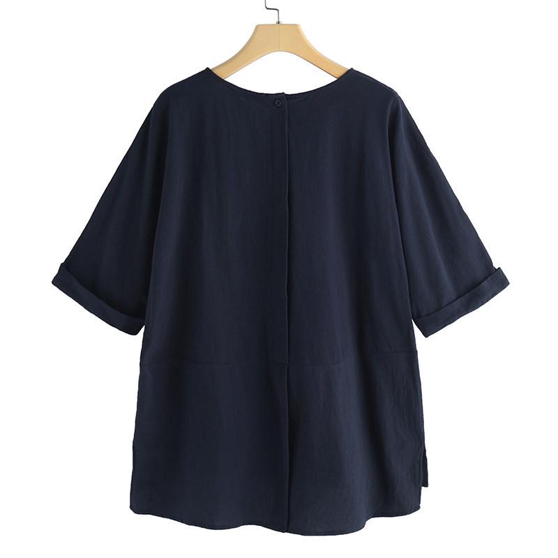 Korean Style Mid-Sleeve Cotton Linen Top - Spring/Summer Loose Fit, Round Neck, Pure Cotton Short-Sleeve T-Shirt
