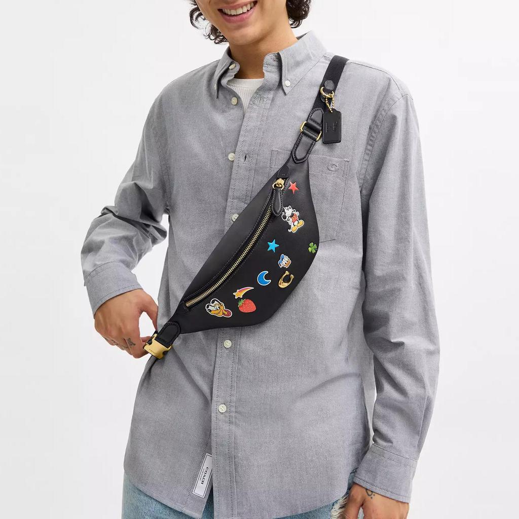 Coach X Disney Collaboration Charter 34 Mickey Mouse Cartoon Pattern Sticker Print Zipper Closure Adjustable Belt Leather Waist Bag Large CDM68-BLC