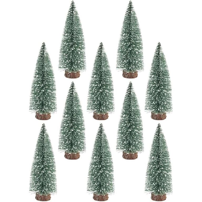 NOLITOY 10Pcs Mini Christmas Trees Decor Artificial Christmas Tree Bottle Brush Trees Sisal Snow Pine Trees with Wooden Base for Christmas Decor