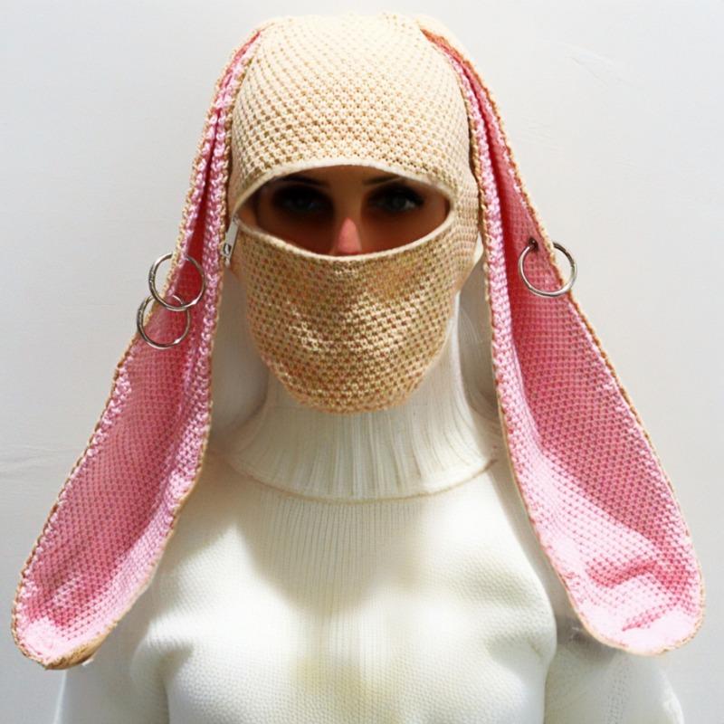 

Cute rabbit hat balaclava mask knitted wool hood hat autumn and winter warm personality punk