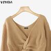 VONDA Women Casual Autumn V Neck Long Sleeve Twisted Cropped Sweaters Knitwear